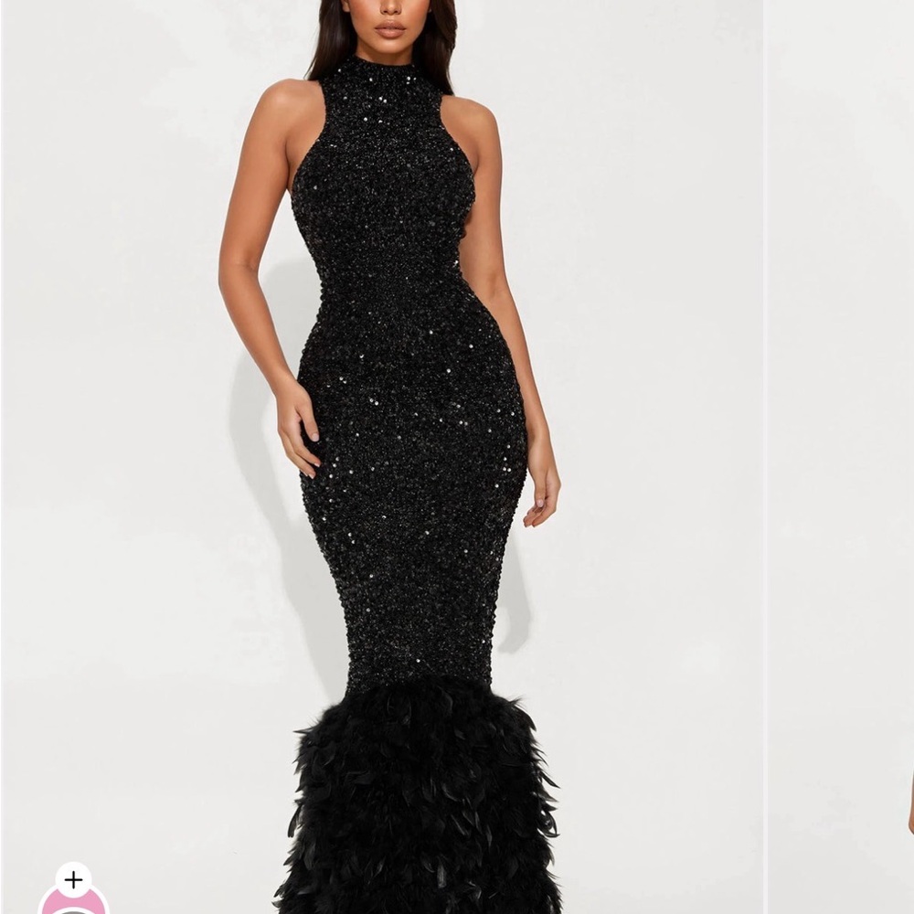 Fashion Nova Black Sequin Feather-Hem Maxi Dress